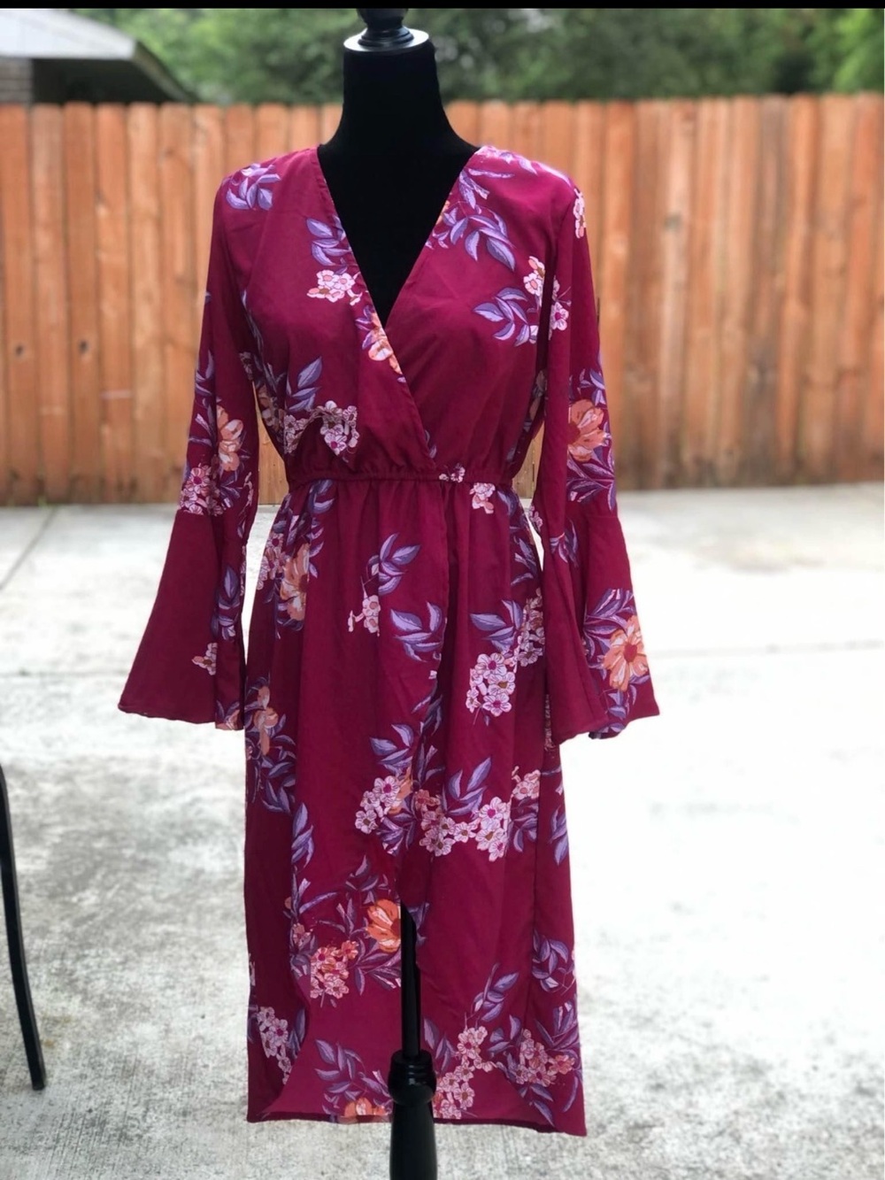 New York & Company Berry Floral Wrap Midi Dress